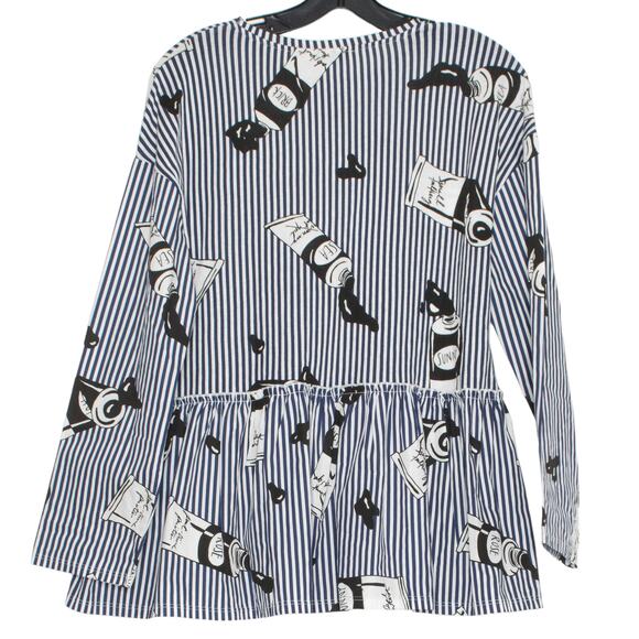 Zara Top Boho Artsy Eclectic Whimsical Paint Tube Print Peplum Stripe Blue Small - Picture 2 of 5